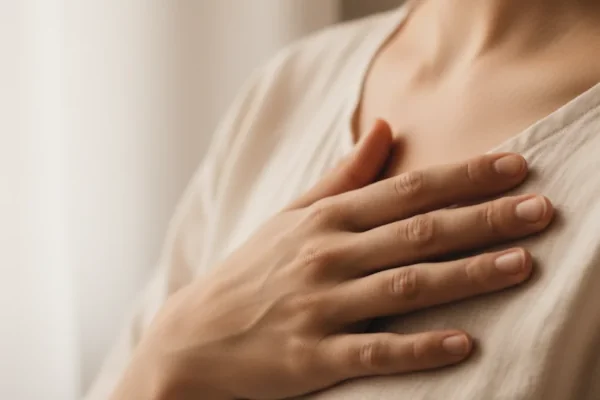 Hand ruht ruhig auf dem Herzen, sanftes Licht fällt auf Haut und Stoff