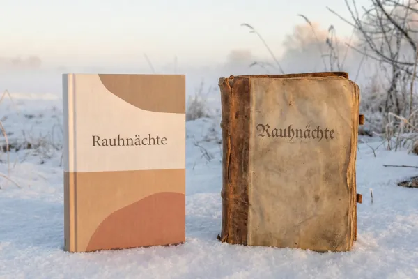 Zwei Rauhnächte Bücher im Schnee. Links ein modernes Buch in warmen Naturtönen, rechts ein altes handgebundenes Buch mit Patina. Winterlandschaft im Hintergrund.