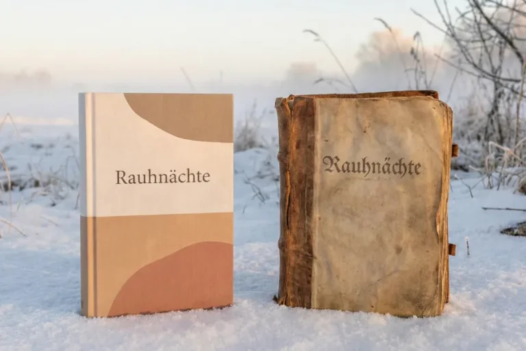 Zwei Rauhnächte Bücher im Schnee. Links ein modernes Buch in warmen Naturtönen, rechts ein altes handgebundenes Buch mit Patina. Winterlandschaft im Hintergrund.