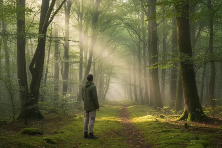 Person steht auf einem nebligen Waldweg im Morgenlicht – ruhige Naturstimmung, Sinnbild für Achtsamkeit, Präsenz und innere Tiefe