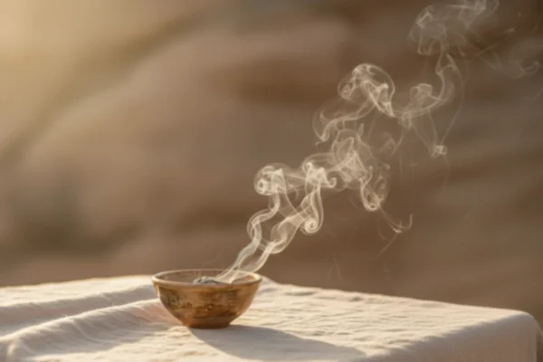 Räucherwerk auf heller Fläche, ruhiger Rauchfaden