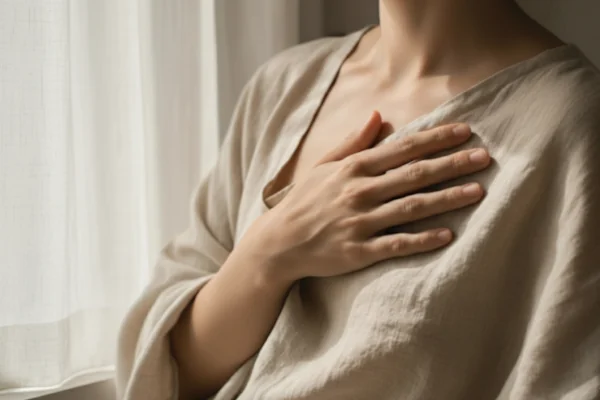 Hand ruht ruhig auf dem Herzen, warmes weiches Licht fällt auf Haut und Stoff