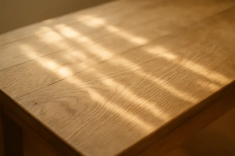 Weiches Licht fällt über eine helle Holzfläche, warme Töne und sanfte Schatten, Symbol für Bewusstheit und innere Ruhe.