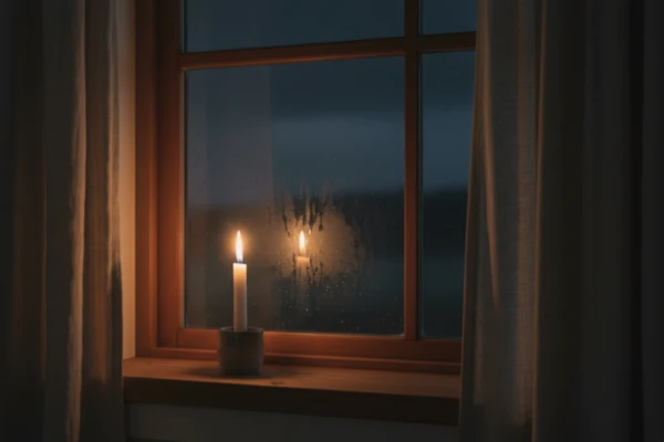Sanfter Kerzenschein auf einer Fensterbank, beschlagenes Glas und tiefe Nacht – Sinnbild für Loslassen, Stille und Einkehr in den Dunkelnächten.