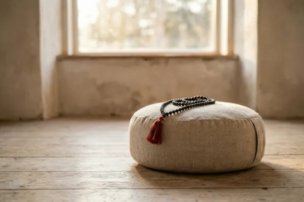 Meditationskissen aus hellem Naturstoff mit dunkler Mala und rotem Anhänger. Der Kissenplatz steht in einem ruhigen Altbau-Raum mit warmem Morgenlicht und weiter Fensteröffnung.