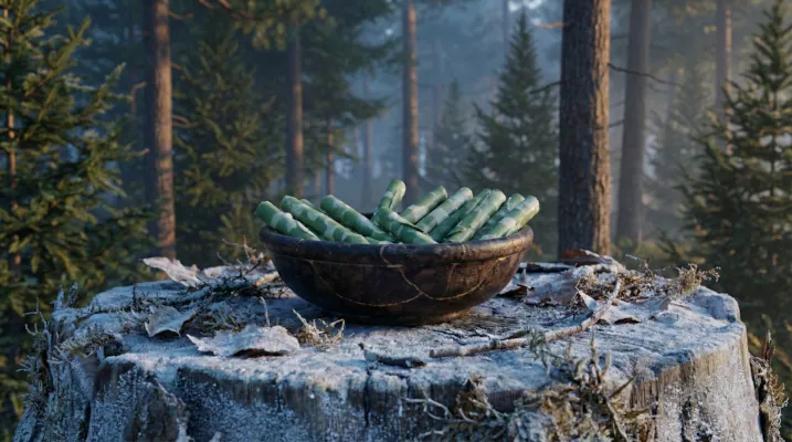 Schale mit gerollten Wunschzetteln auf Baumstumpf im Wald als Symbol für Rauhnächte, Rituale und bewusste Übergänge