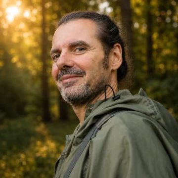Portrait von Oliver Harder, ruhiger Blick, weiches Licht im Wald