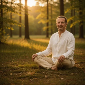 Portrait von Oliver Harder, ruhiger Blick, weiches Licht im Wald