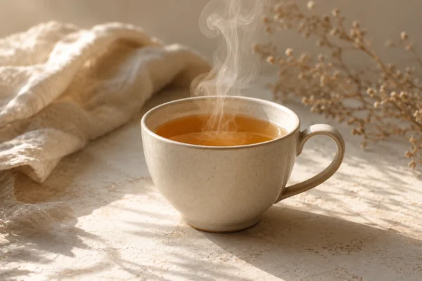Dampfender Tee in heller Keramiktasse auf strukturierter Oberfläche mit weichem Morgenlicht und ruhiger Atmosphäre