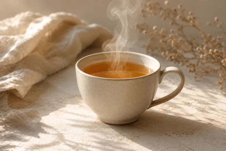 Dampfender Tee in heller Keramiktasse auf strukturierter Oberfläche mit weichem Morgenlicht und ruhiger Atmosphäre